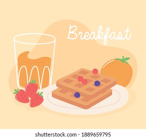 breakfast waffle orange juice and strawberries delicious food cartoon vector illustration