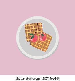 Breakfast of waffles with cherry berries on a white plate, top view
