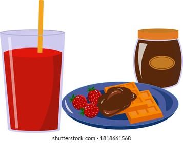 Breakfast waffles and chocolate paste. A glass of juice. Healthy breakfast. Vector illustration isolated on white background. For cafes, menus and decor.