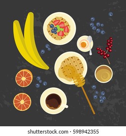 Breakfast with waffles, fruit, honey and cup of coffe on the grey background. Top view Vector illustration eps 10