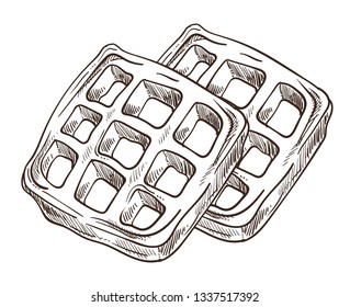 Breakfast Waffles Isolated Sketch Cooking Wafer Dessert Vector Food Dish Or Meal Bakery Or Pastry Product Culinary Recipe Belgium Cuisine Baking Crispy Crust Grid Soft Wheat Dough Monochrome Drawing