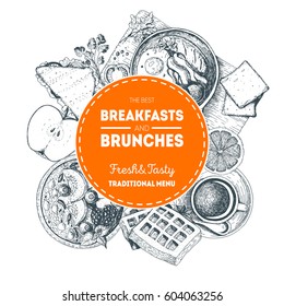 Breakfast wreath. Morning food and hot drinks menu vector frame. Engraved style breakfast design in circle. Breakfast and brunch dishes background. Vintage hand drawn food sketches. Hand drawn