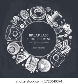 Breakfast wreath on chalkboard Morning food and hot drinks menu vector frame. Breakfast and brunch dishes background. Vintage hand drawn food sketches. Engraved style breakfast design. On chalk board.