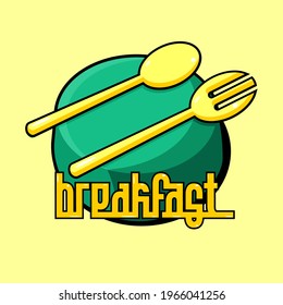 breakfast writing vector design and yellow cutlery object on green button bag on white background