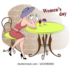 Breakfast of a young lady. Pretty girl sits at a table and eats candy against a brick wall. Greeting card in elegant vintage style for International Women's Day. 8 march. EPS10 vector illustration