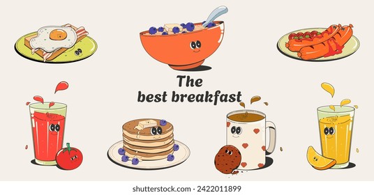 Breakfast:fried sausages with tomatoes, green peas, ketchup, oatmeal porridge with blueberries, orange and tomato juice,cocoa with chocolate biscuits,scrambled eggs with bacon,pancakes.Cartoon vector