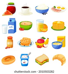 breakfasts. Big set of flat icons. Isolated over white background. Healthy breakfast. For your design.