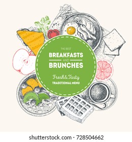 Breakfasts and brunches label. Food menu design template. Vintage hand drawn sketch vector illustration. Circle concept. Engraved image