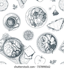 Breakfasts and brunches seamless pattern. Food menu design. Vintage hand drawn sketch vector illustration.The design of packaging or menu for Breakfast.