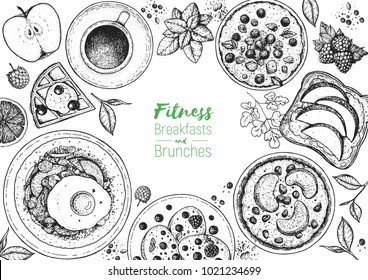 Breakfasts and brunches top view frame. Food menu, design. Vintage hand drawn sketch, vector illustration. Engraved style. 