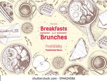 Breakfasts and brunches top view frame. Top view food menu design. Vintage hand drawn sketch vector illustration. Vintage style image