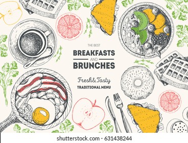 Breakfasts and brunches top view frame. Food menu design. Vintage hand drawn sketch vector illustration. Engraved style image. Traditional breakfast.