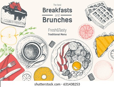 Breakfasts and brunches top view frame. Food menu design. Vintage hand drawn sketch vector illustration. Engraved style image. Traditional breakfast.