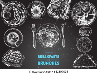 Breakfasts and brunches top view frame. Food menu design. Vintage hand drawn sketch vector illustration.