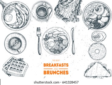 Breakfasts and brunches top view frame. Food menu design. Vintage hand drawn sketch vector illustration.