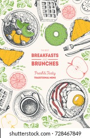 Breakfasts and brunches top view frame. Food menu design. Vintage hand drawn sketch vector illustration. Engraved style image. Traditional breakfast.