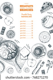 Breakfasts and brunches top view frame. Food menu, design. Vintage hand drawn sketch, vector illustration. Engraved style. Vertical poster.