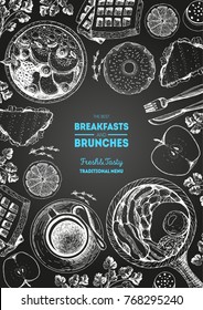 Breakfasts and brunches top view frame. Food menu, design. Vintage hand drawn sketch, vector illustration. Engraved style. Vertical poster.
