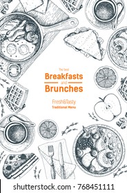 Breakfasts and brunches top view frame. Food menu, design. Vintage hand drawn sketch, vector illustration. Engraved style. Vertical poster.