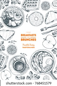 Breakfasts and brunches top view frame. Food menu, design. Vintage hand drawn sketch, vector illustration. Engraved style. Vertical poster.