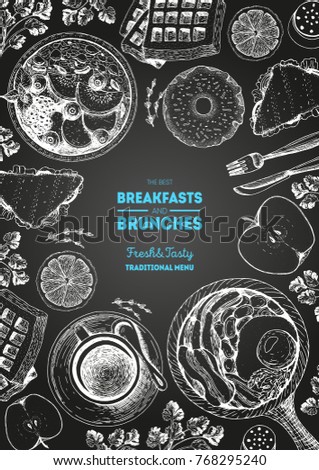 Breakfasts and brunches top view frame. Food menu, design. Vintage hand drawn sketch, vector illustration. Engraved style. Vertical poster.
