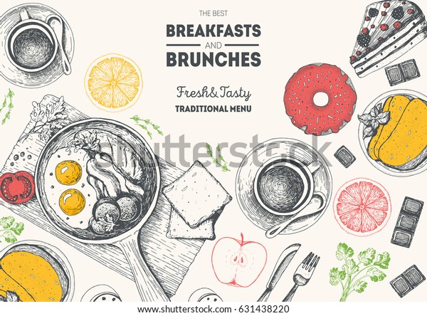 Breakfasts and brunches top view frame. Food\
menu design. Vintage hand drawn sketch vector illustration.\
Engraved style image. Traditional\
breakfast.