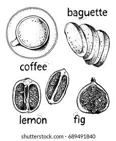 Breakfasts and brunches vector set, food menu collection, vintage hand drawn sketch illustration with text