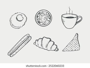 Desayunos y brunches. Antiguas dibujado a mano Ilustración vectorial de boceto. Aislado. Desayuno tradicional. Desayuno inglés. Menú de comida.