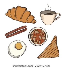 Desayunos y brunches. Antiguas dibujado a mano Ilustración vectorial de boceto. Aislado. Desayuno tradicional. Desayuno inglés. Menú de comida.