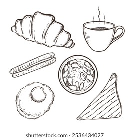 Desayunos y brunches. Antiguas dibujado a mano Ilustración vectorial de boceto. Aislado. Desayuno tradicional. Desayuno inglés. Menú de comida.