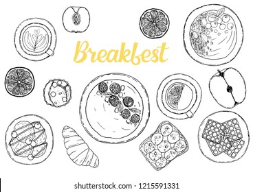 Breakfasts ingredient top view. Food elements collection. Hand drawn vector illustration. Menu, flyer with modern style lettering.