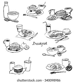 breakfasts set, homemade dishes, ink drawing menu vector elements