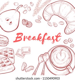 Breakfasts, top view frame, hand drawn sketch vector illustration, food menu design. Engraved style image. Traditional breakfast.