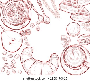 Breakfasts, top view frame, hand drawn sketch vector illustration, food menu design. Engraved style image. Traditional breakfast.