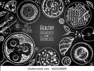 Breakfasts top view frame. Morning food menu, design. Breakfast and brunches dishes collection. Vintage hand drawn sketch, vector illustration. Engraved style. 