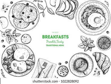 Breakfasts top view frame. Morning food menu design. Breakfast and brunches dishes collection. Vintage hand drawn sketch, vector illustration. Engraved style.