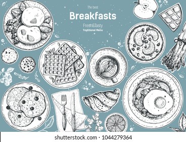 Breakfasts top view frame. Morning food menu design. Breakfast and brunches dishes collection. Vintage hand drawn sketch, vector illustration. Engraved style.