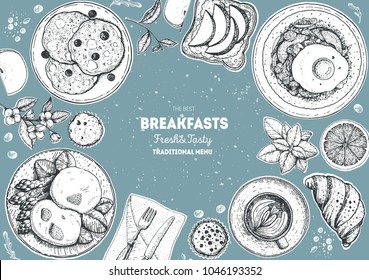 Breakfasts top view frame. Morning food menu design. Breakfast and brunches dishes collection. Vintage hand drawn sketch, vector illustration. Engraved style.