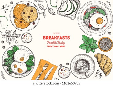 Breakfasts top view frame. Morning food menu design. Breakfast and brunches dishes collection. Vintage hand drawn sketch, vector illustration. Vintage style.