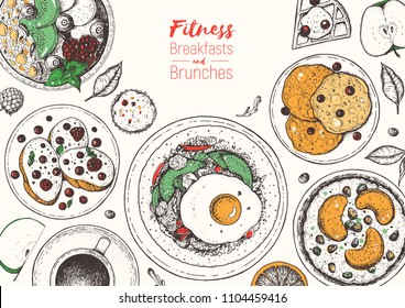 Breakfasts top view frame. Morning food menu design. Breakfast and brunches dishes collection. Vintage hand drawn sketch, vector illustration. Vintage style.