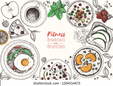 Breakfasts top view frame. Morning food menu design. Breakfast and brunches dishes collection. Vintage hand drawn sketch, vector illustration. Engraved style.