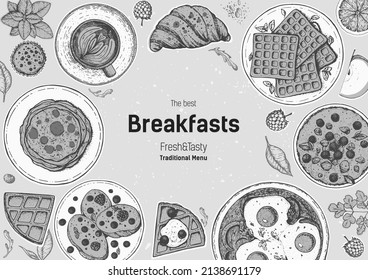 Frühstück Top-Blick Rahmen. Morgenessen Menü Design. Frühstück und Brunch-Auswahl. Vintage, handgezeichnet, Vektorgrafik. Stilvoll graviert.