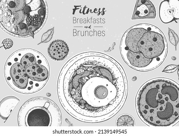 Desayuno en el marco de vista superior. Diseño de menús de comida por la mañana. Colección de platos para el desayuno y el brunch. Esbozo dibujado a mano vintage, ilustración vectorial. Estilo grabado.