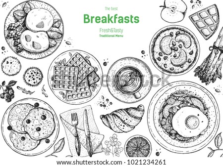 Breakfasts top view frame. Morning food menu design. Breakfast and brunches dishes collection. Vintage hand drawn sketch, vector illustration. Engraved style. 