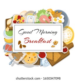 Breakfasts top view frame vector illustration. Morning food menu cartoon design. Breakfast and brunches dishes collection with eggs, bread nd butter,oatmeal, fish and fruit salad for restaurant.