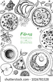 Breakfasts top view frame. Vertical poster. Morning food menu, design. Breakfast and brunches dishes collection. Vintage hand drawn sketch, vector illustration. Engraved style illustration.