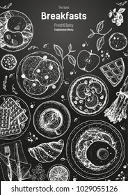 Breakfasts top view frame. Vertical poster. Morning food menu, design. Breakfast and brunches dishes collection. Vintage hand drawn sketch, vector illustration. Engraved style illustration.