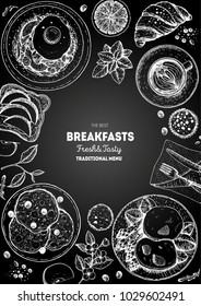 Breakfasts top view frame. Vertical poster. Morning food menu, design. Breakfast and brunches dishes collection. Vintage hand drawn sketch, vector illustration. Engraved style illustration.