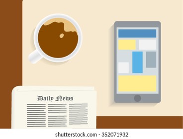 Breakfest with coffee news and mobile