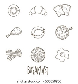 Breakfest hand drawn icon set over white background. Doodle illustration